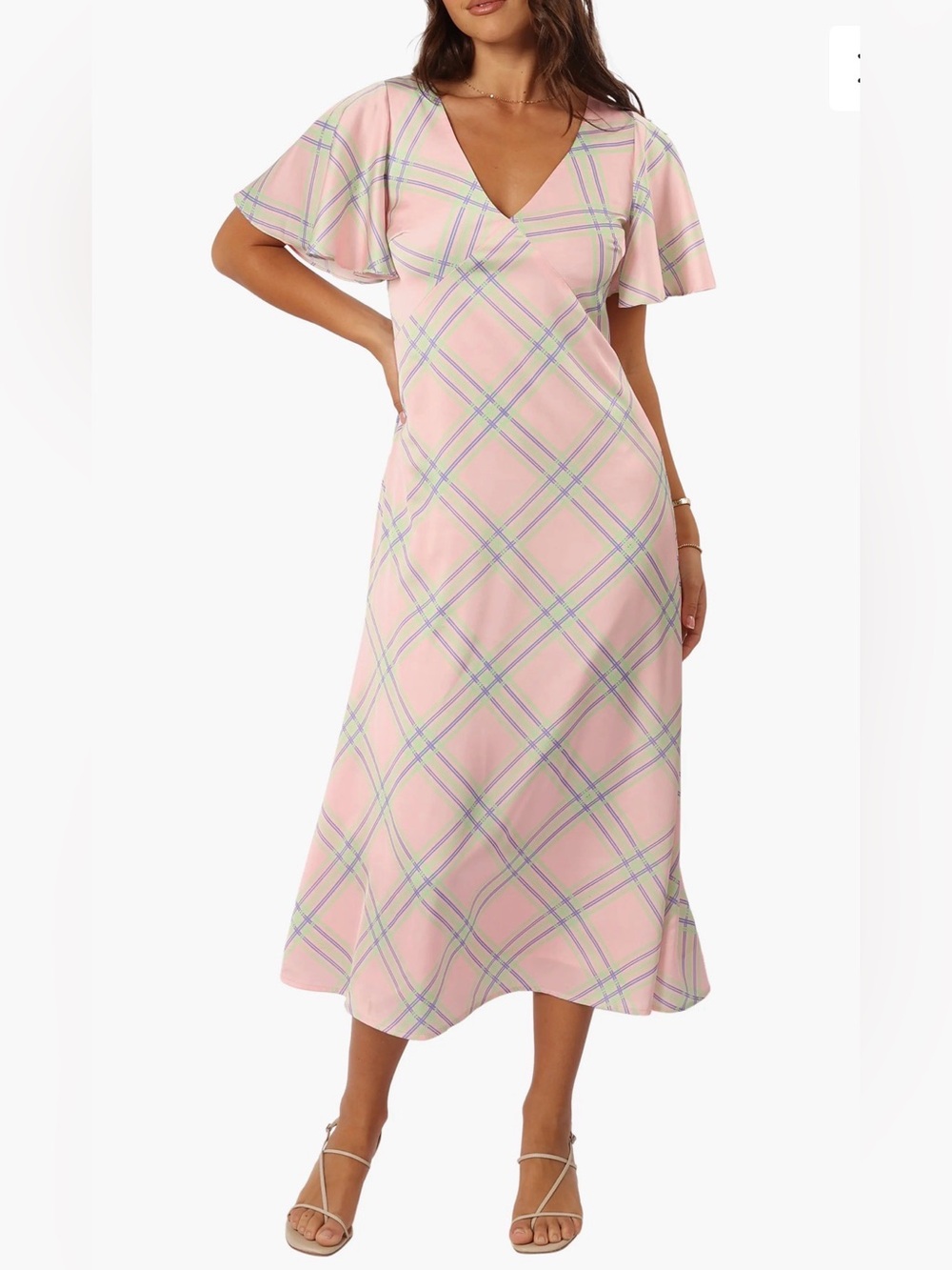 Petal & Pup Pink Plaid V-Neck Flutter Sleeve Midi Dress